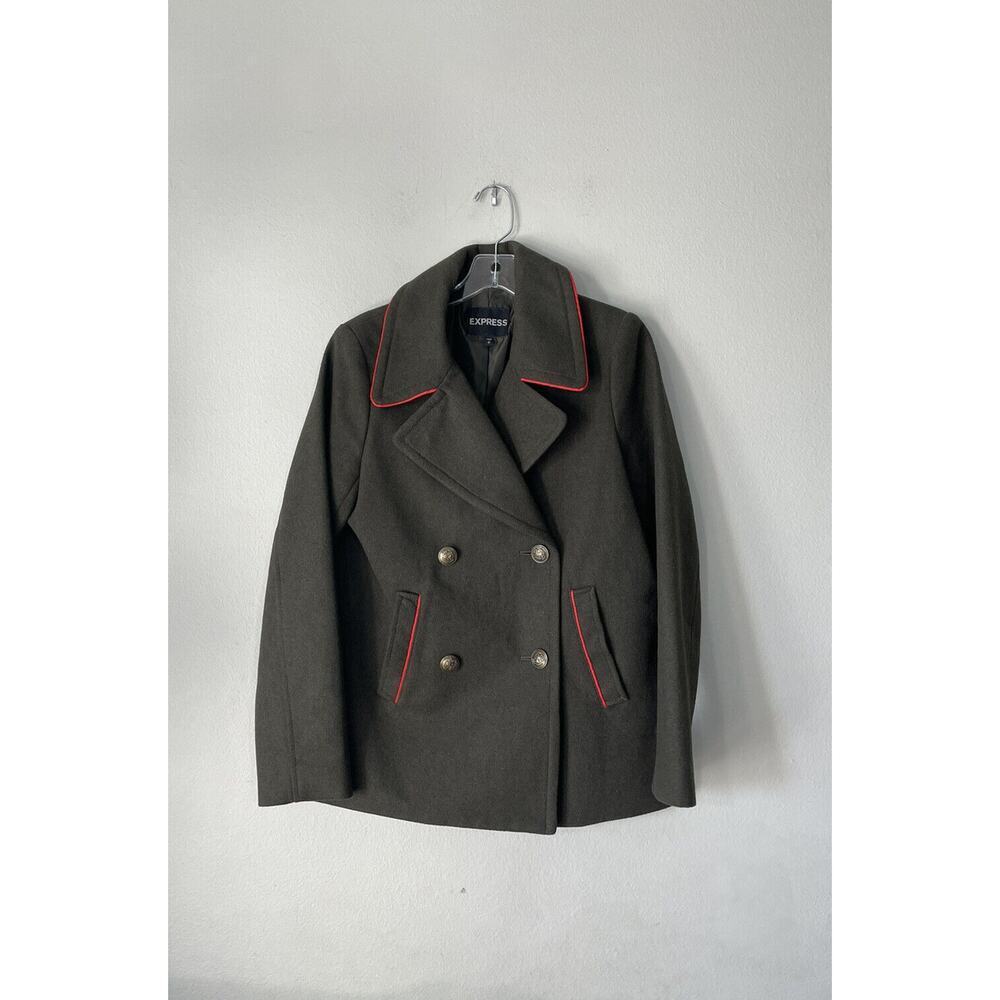 Express Small Army Green Red Trim Pea Coat‎ Double Breasted Coat Jacket Military